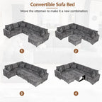Canapé d'angle en chenille convertible, canapé-lit en forme de L avec pouf de rangement, 3 oreillers et dispositifs de charge