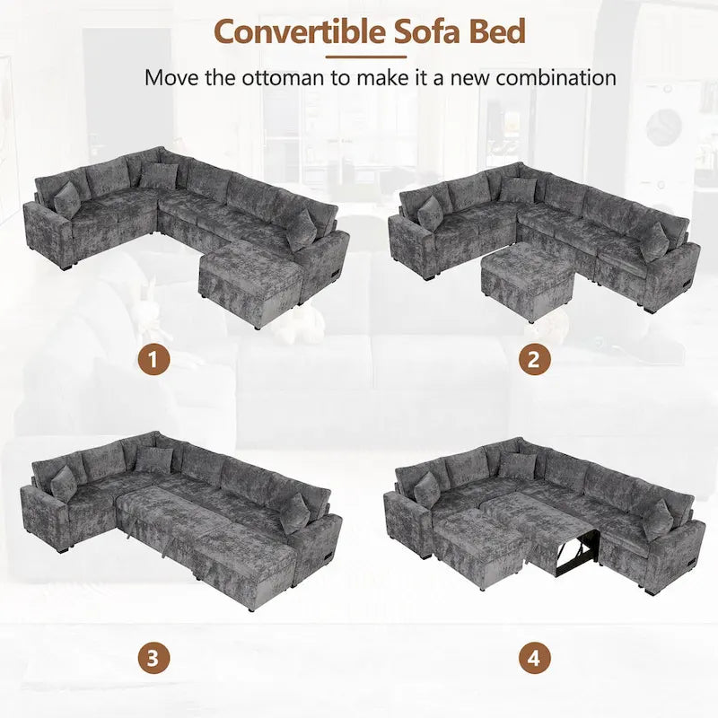 Canapé d'angle en chenille convertible, canapé-lit en forme de L avec pouf de rangement, 3 oreillers et dispositifs de charge