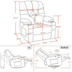 Fauteuil inclinable, pivotant et coulissant électrique avec porte-gobelets et ports USB, en tissu, une place