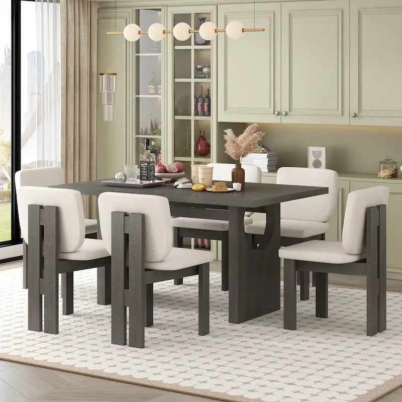 Ensemble table à manger 7 pièces, ensemble de table de cuisine en bois massif avec table rectangulaire, base en tréteaux design et 6 chaises rembourrées