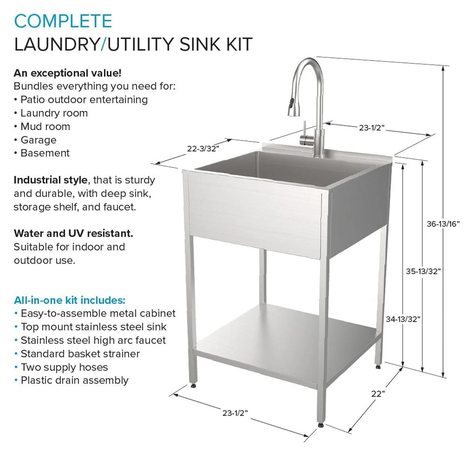 Évier de buanderie et support de lavage en acier inoxydable de 24 po L x 22 po P x 35 po H