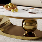 Table basse ovale moderne Pandora 51 avec plateau en pierre frittée brillante, table basse de luxe, pieds en acier inoxydable pour salon