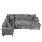 Canapé d'angle en chenille convertible, canapé-lit en forme de L avec pouf de rangement, 3 oreillers et dispositifs de charge