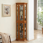Vitrine d'angle avec éclairage, étagères réglables en verre trempé, fond miroir, meuble vitrine