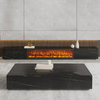Meuble TV en pierre avec cheminée électrique noire et lumière, 87 cm de large