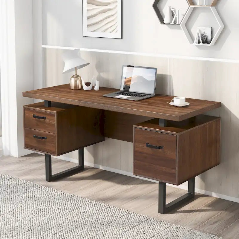 Modern Walnut Desk with 3 Drawers and Hanging File Storage and Waterproof 27 inch Surface for Home Office or Small Workspaces