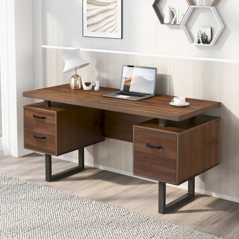 Modern Walnut Desk with 3 Drawers and Hanging File Storage and Waterproof 27 inch Surface for Home Office or Small Workspaces