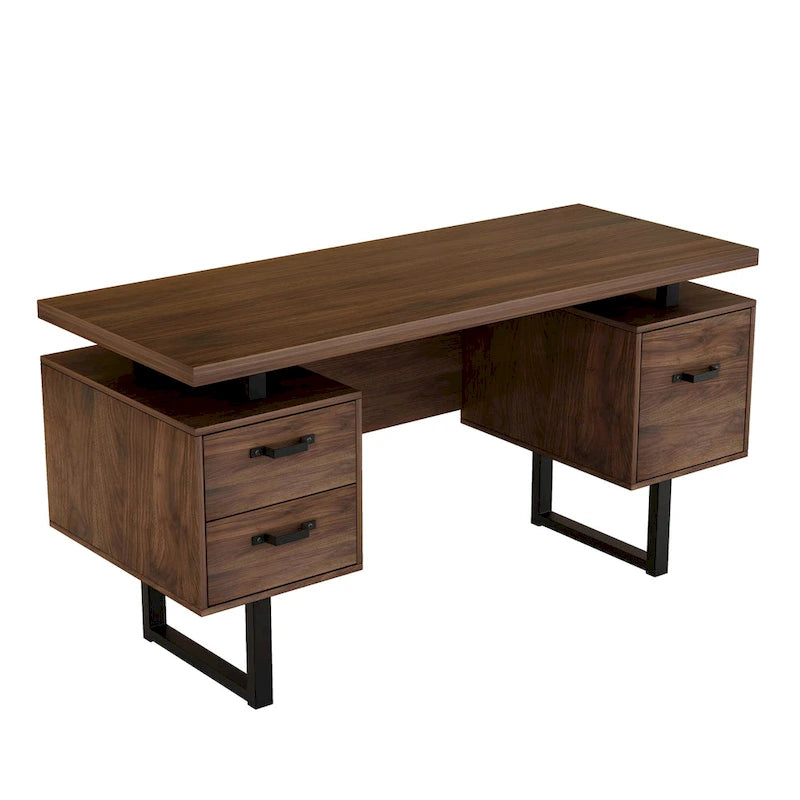 Modern Walnut Desk with 3 Drawers and Hanging File Storage and Waterproof 27 inch Surface for Home Office or Small Workspaces