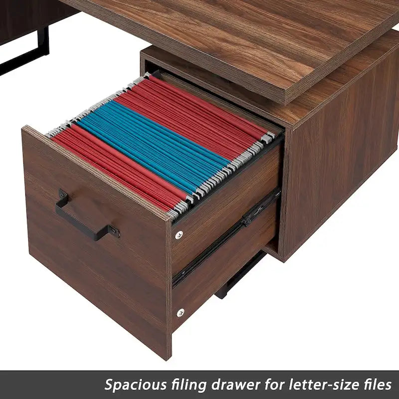 Modern Walnut Desk with 3 Drawers and Hanging File Storage and Waterproof 27 inch Surface for Home Office or Small Workspaces