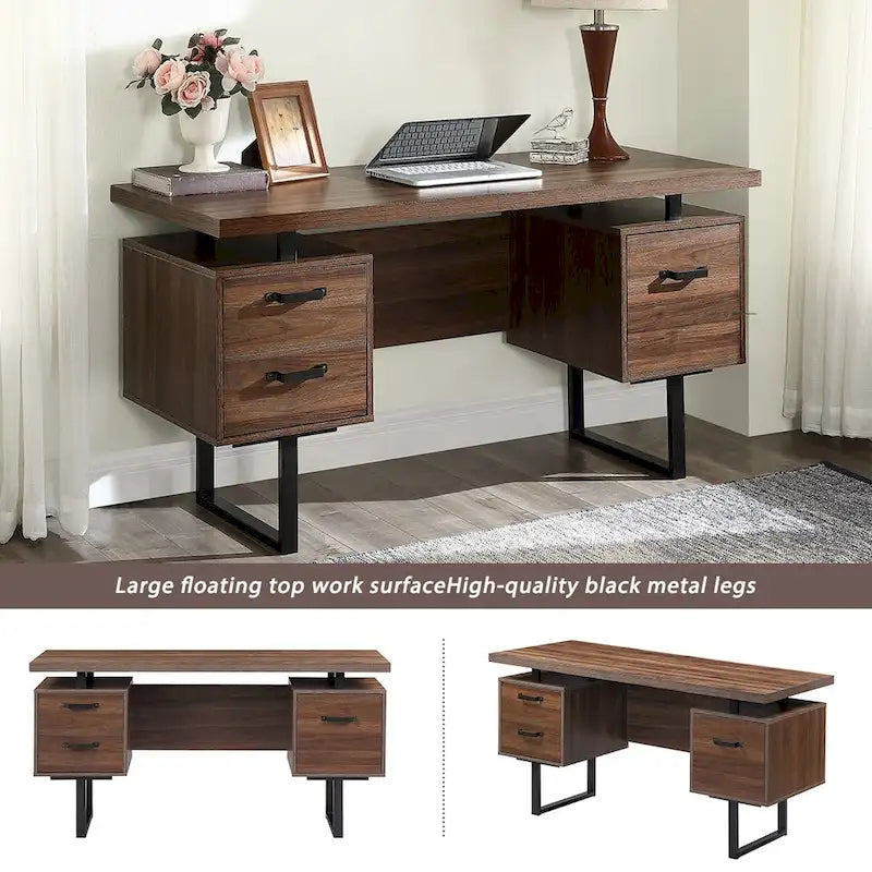 Modern Walnut Desk with 3 Drawers and Hanging File Storage and Waterproof 27 inch Surface for Home Office or Small Workspaces