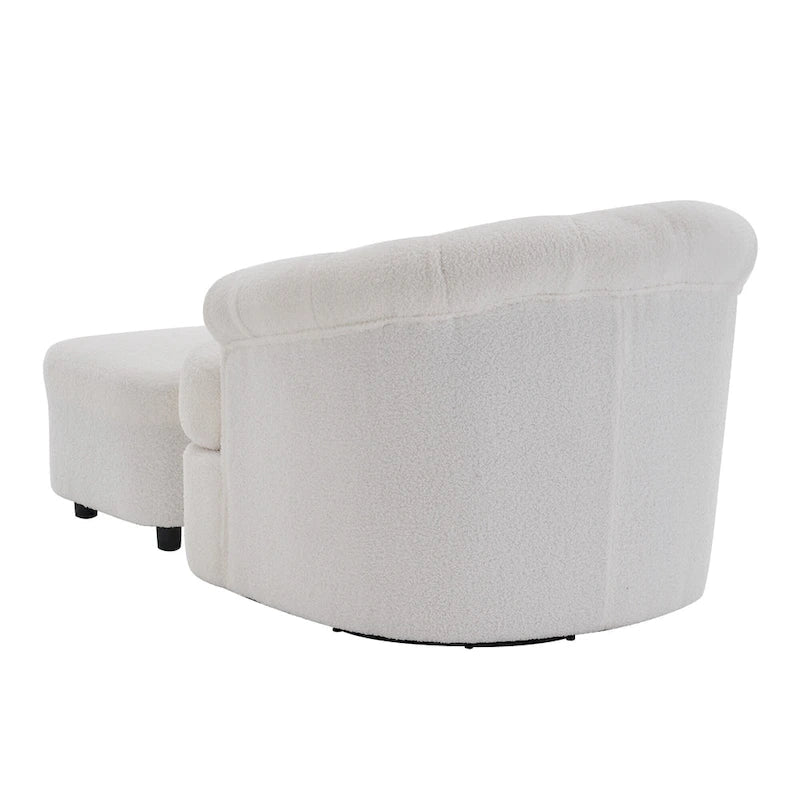 Fauteuil pivotant en velours avec repose-pieds, rotation à 360 degrés.