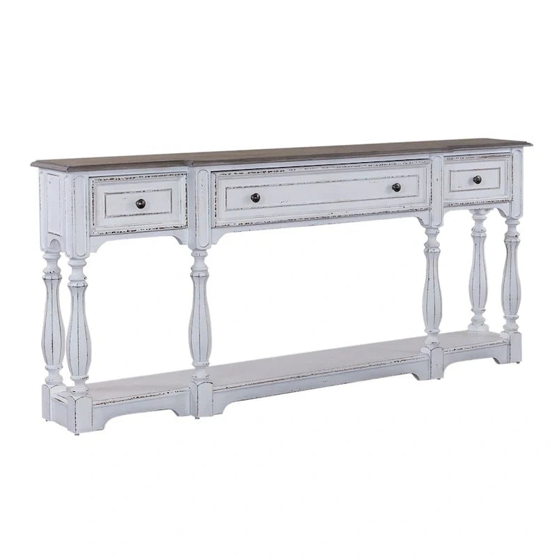 Console de hall 72 po blanc antique et écorce vieillie