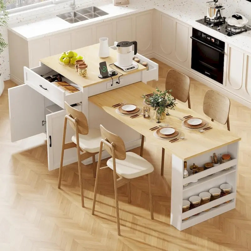 Îlot de cuisine en bois de 210 cm pour 4 à 6 personnes avec table à manger extensible et rangement double.