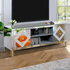 Meuble TV de 150 cm avec portes miroir en losange et rangement pour téléviseurs jusqu'à 65 pouces