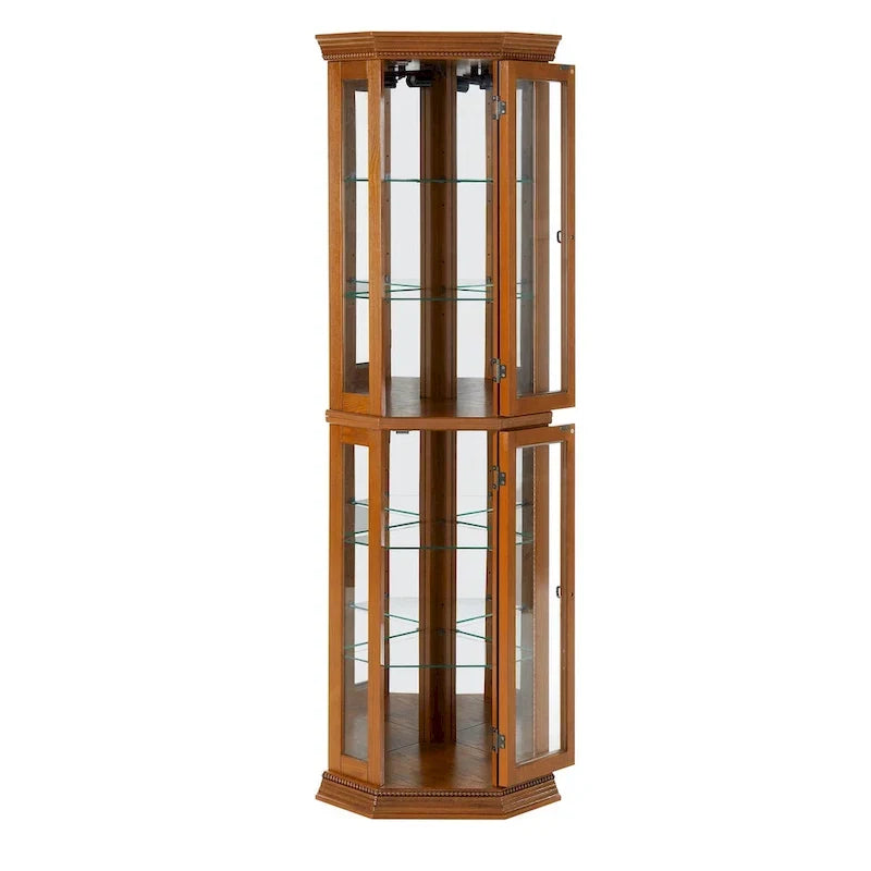 Vitrine d'angle avec éclairage, étagères réglables en verre trempé, fond miroir, meuble vitrine