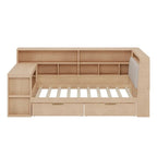 Canapé-lit d'angle en bois en forme de L avec bureau, bibliothèque, lit d'angle avec tiroirs de rangement, tête de lit rembourrée et éclairage intégré