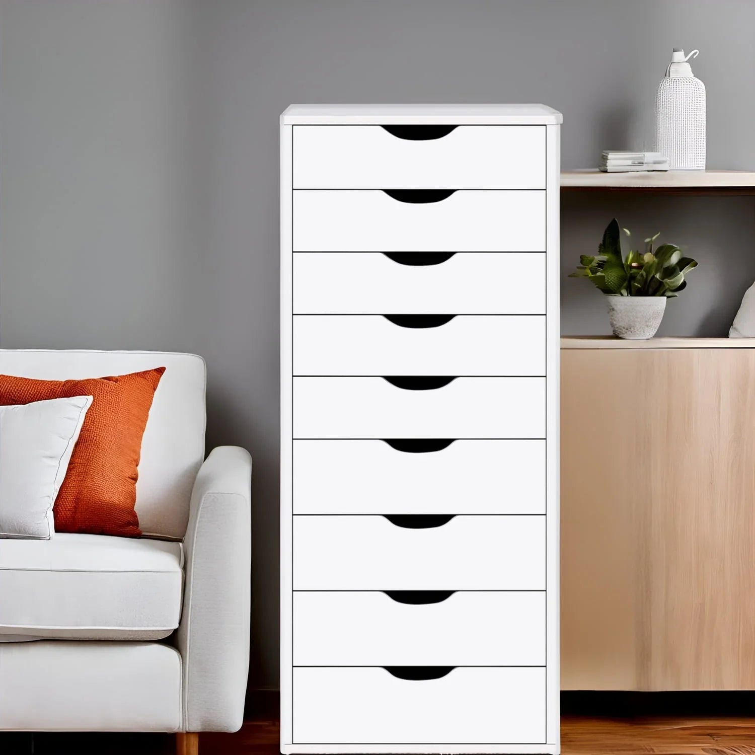 Étroite commode en bois à 9 tiroirs coulissants et étagère de rangement supérieure
