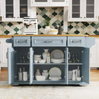 54 Grand îlot de cuisine avec plateau rabattable en bois d'hévéa, chariot de cuisine roulant à texture gaufrée sur 4 roues avec 4 portes et 3 tiroirs