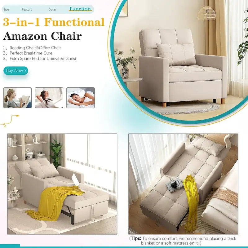 AECOJOY Fauteuil Convertible 3-en-1 avec Oreiller et Dossier Réglable