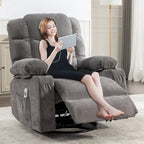 Fauteuil inclinable gris surdimensionné avec fonctions de chauffage et de massage, inclinaison à 150°, bascule à 30°, port USB pour la recharge et 2 porte-gobelets