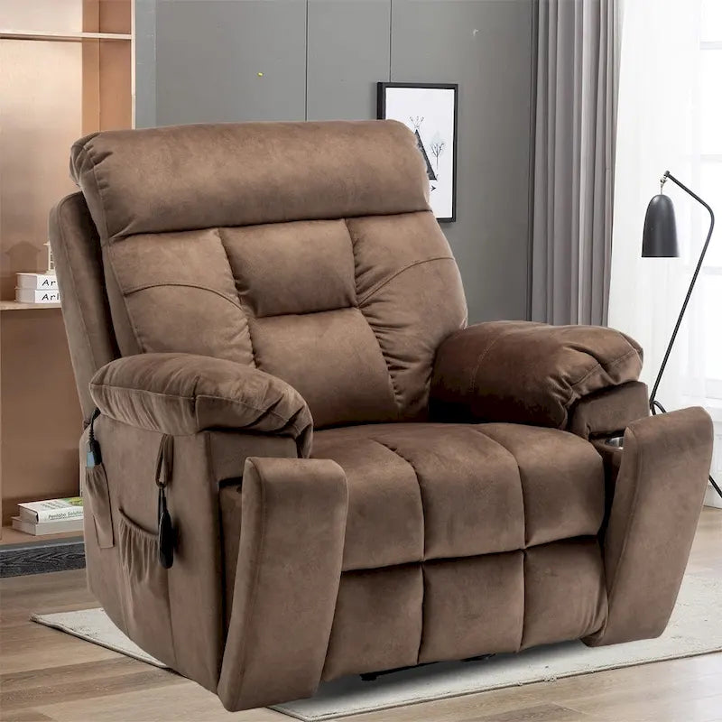 Grand fauteuil inclinable de massage électrique avec fonction de levage, chauffage et porte-gobelet dissimulé