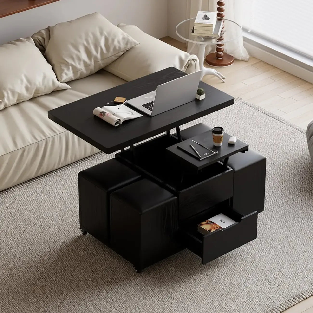 Table basse relevable pliable avec 4 tabourets et rangement