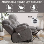 Fauteuil inclinable électrique gris avec massage chauffant, chargement USB, télécommande et poches latérales pratiques pour les personnes âgées