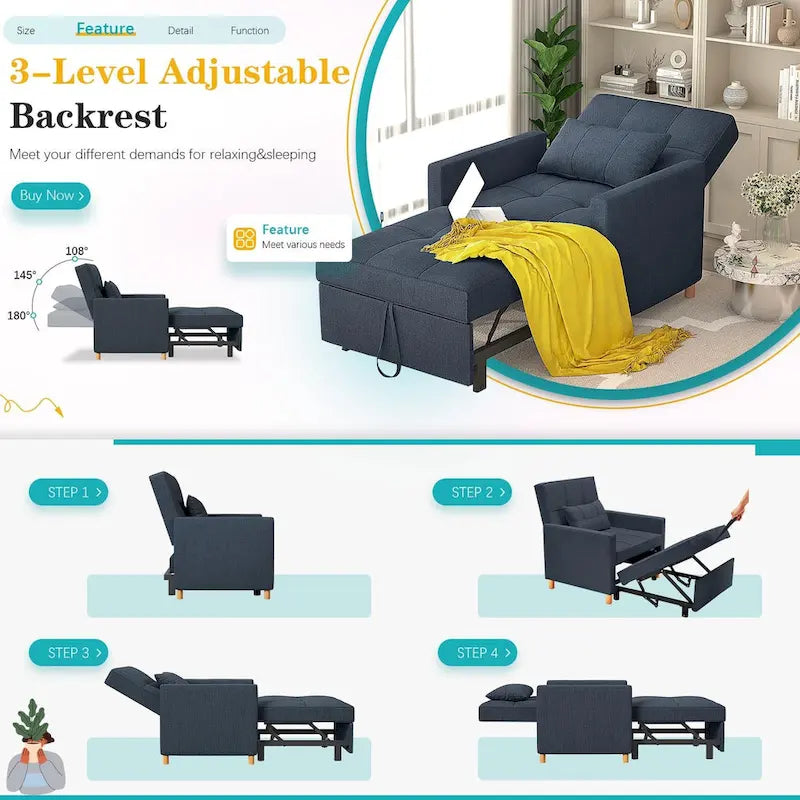 AECOJOY Fauteuil Convertible 3-en-1 avec Oreiller et Dossier Réglable