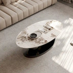 Table basse ovale moderne Pandora 51 avec plateau en pierre frittée brillante, table basse de luxe, pieds en acier inoxydable pour salon