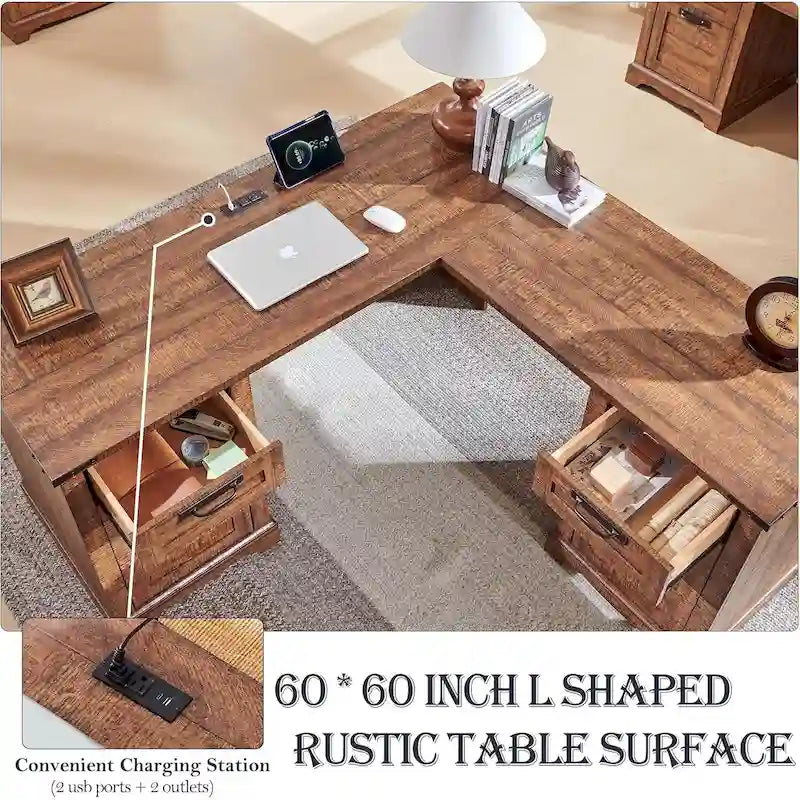Bureau d'angle exécutif en forme de L 60 Farmhouse, bureau d'angle en bois, bureau d'ordinateur