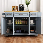 54 Grand îlot de cuisine avec plateau rabattable en bois d'hévéa, chariot de cuisine roulant à texture gaufrée sur 4 roues avec 4 portes et 3 tiroirs