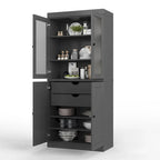 Meuble de rangement en bois massif avec portes en verre dépoli, portes pleines, 2 tiroirs et étagères réglables
