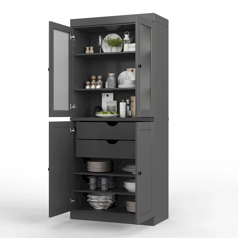 Meuble de rangement en bois massif avec portes en verre dépoli, portes pleines, 2 tiroirs et étagères réglables