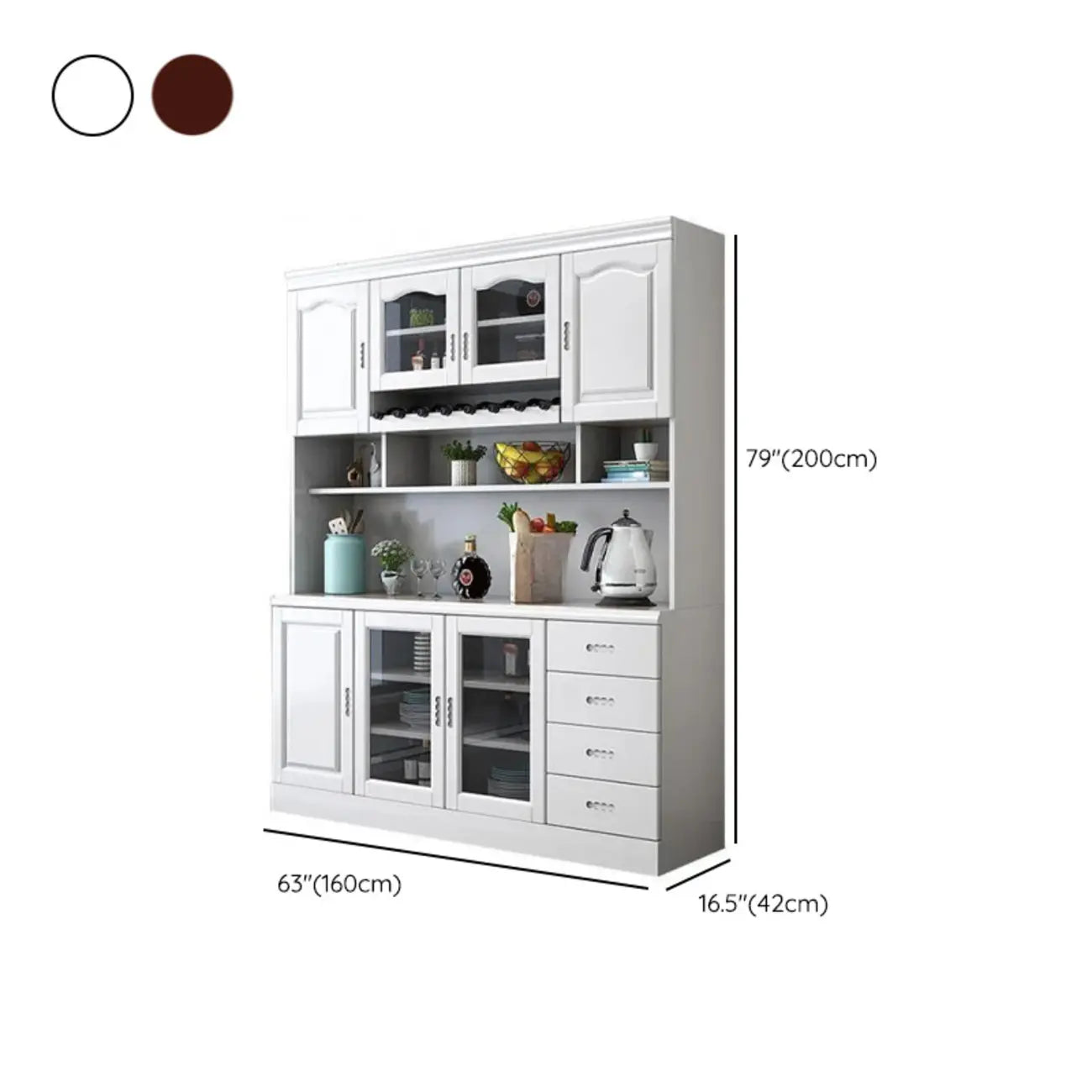 Buffet de cuisine en bois blanc avec casier à vin intégré