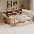 Canapé-lit d'angle en bois en forme de L avec bureau, bibliothèque, lit d'angle avec tiroirs de rangement, tête de lit rembourrée et éclairage intégré