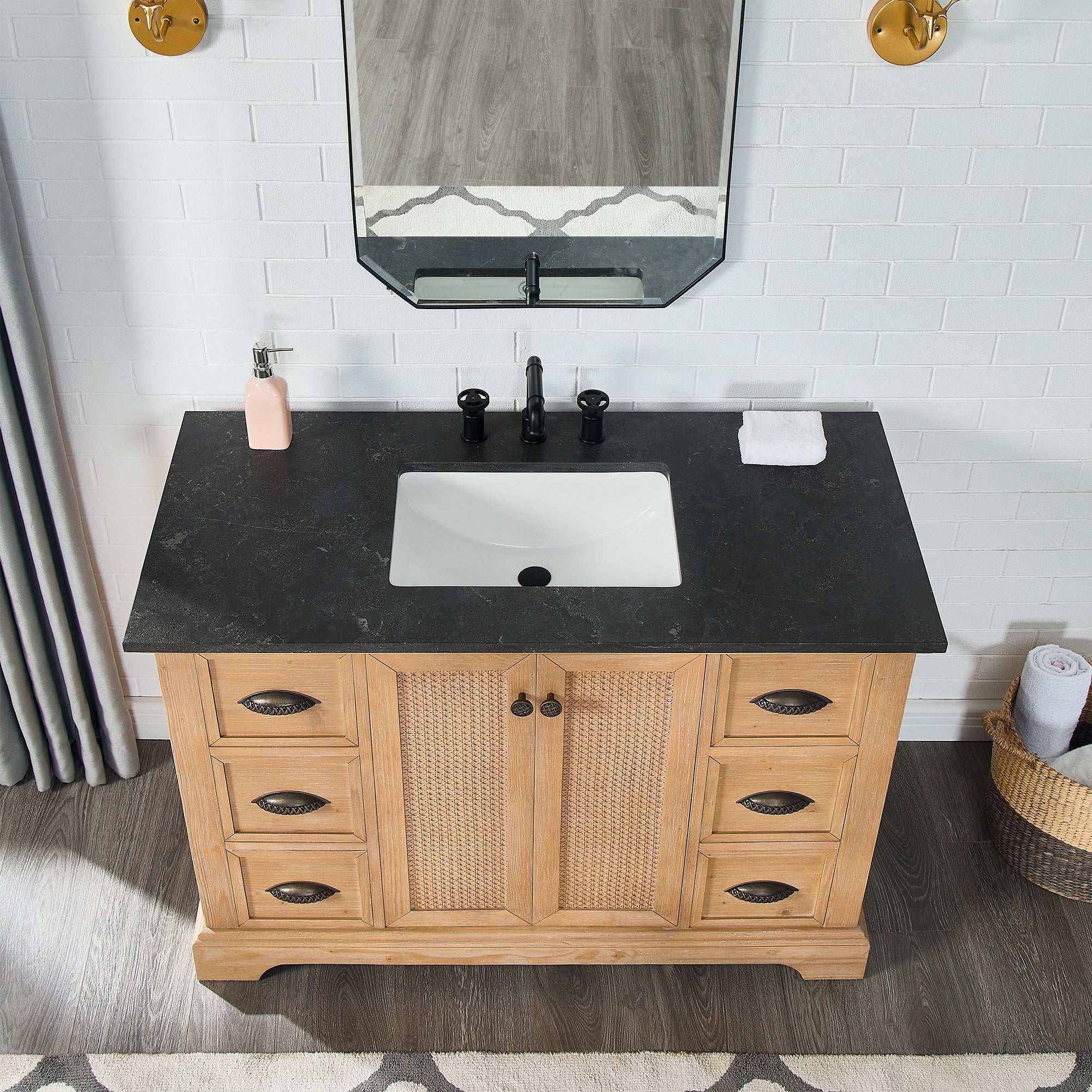 Meuble sous-vasque Hervas avec plateau en marbre naturel, sans miroir