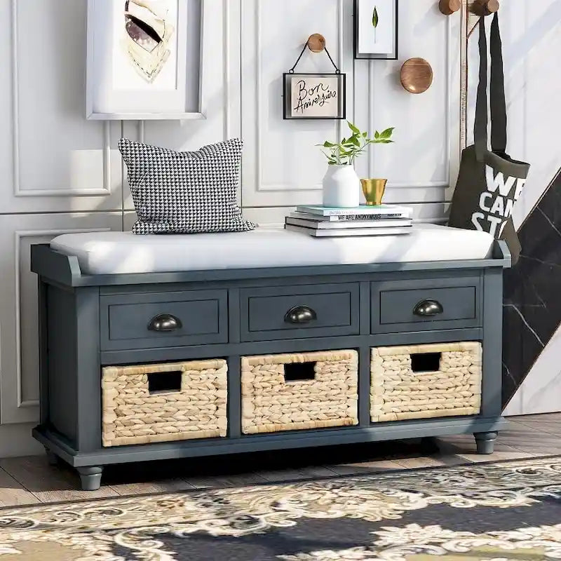 Banc de rangement rustique avec 3 tiroirs et 3 paniers en rotin, banc à chaussures pour salon, entrée