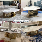 Table basse ovale moderne Pandora 51 avec plateau en pierre frittée brillante, table basse de luxe, pieds en acier inoxydable pour salon