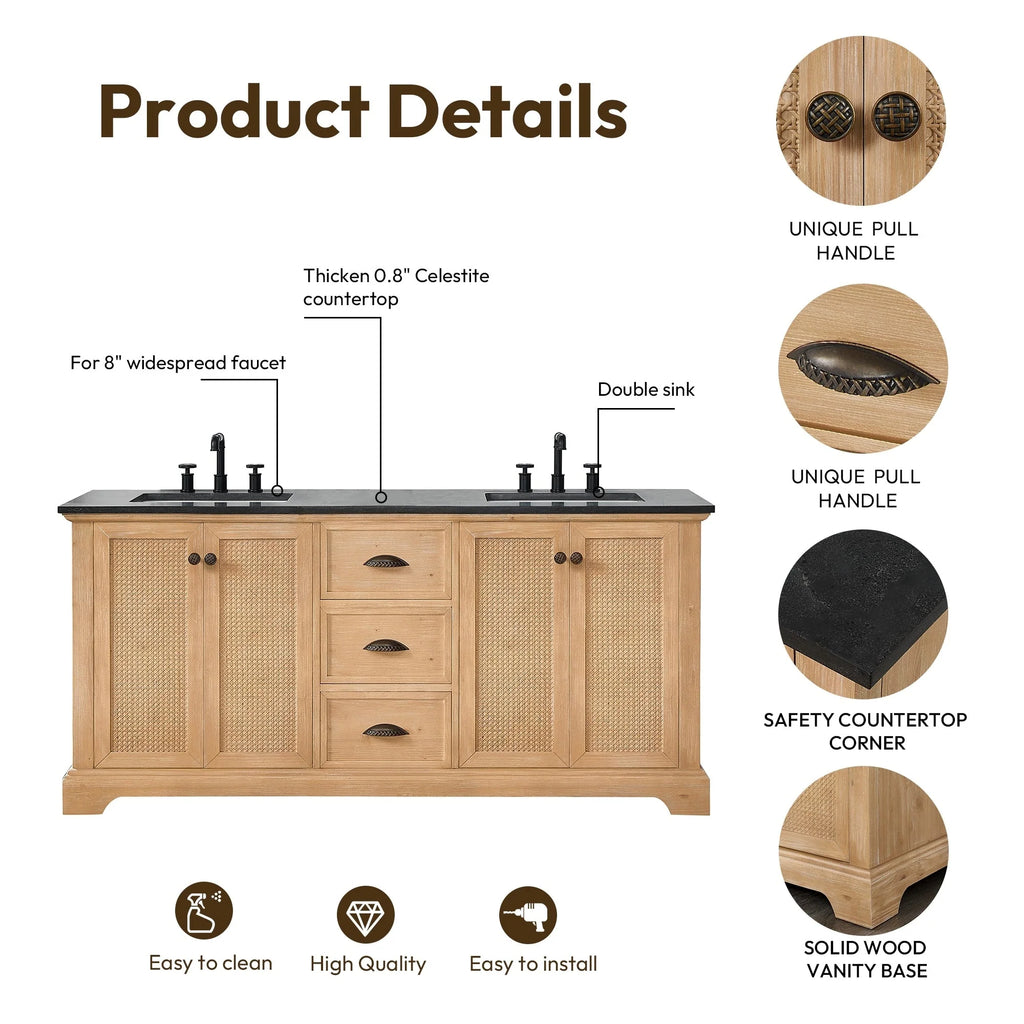 Meuble sous-vasque Hervas avec plateau en marbre naturel, sans miroir