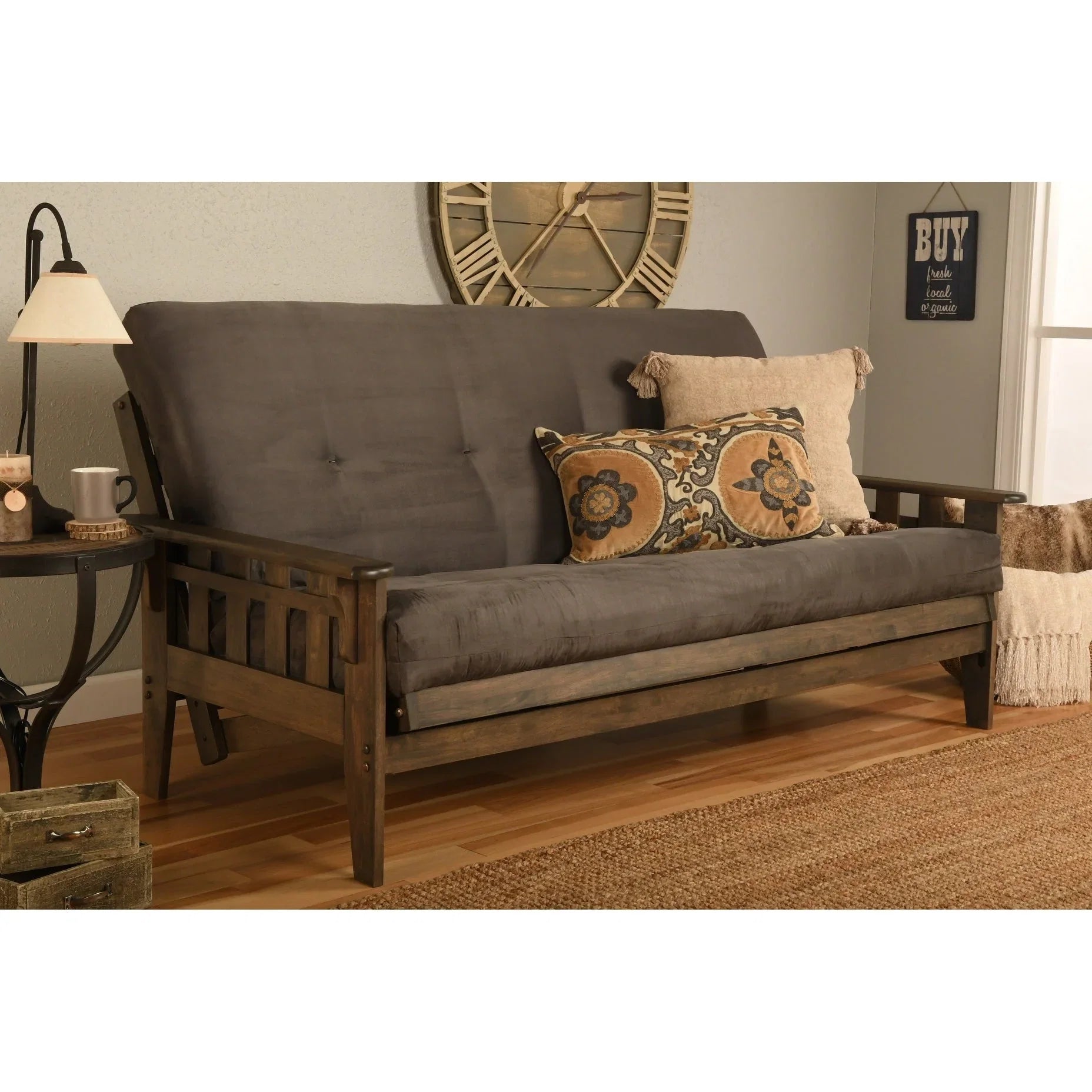 Ensemble futon rustique en noyer grand format avec matelas