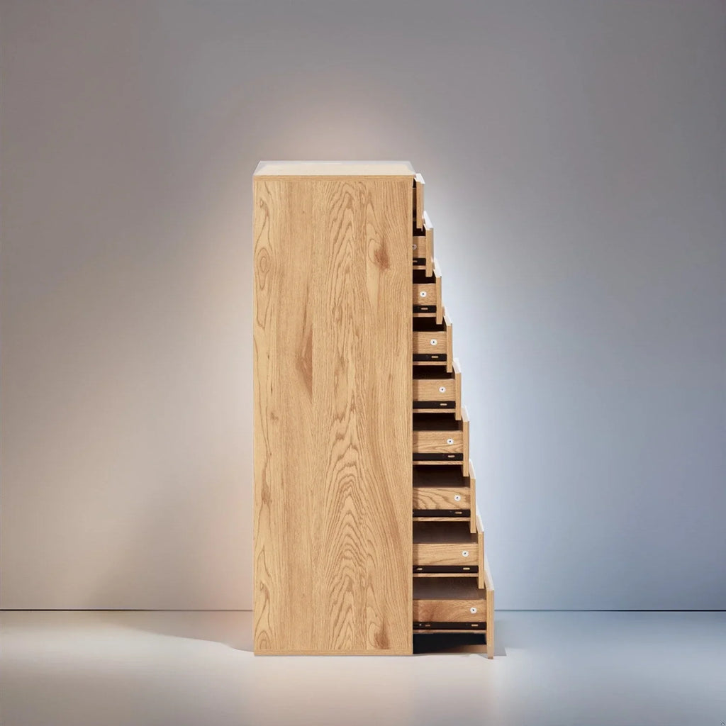 Étroite commode en bois à 9 tiroirs coulissants et étagère de rangement supérieure