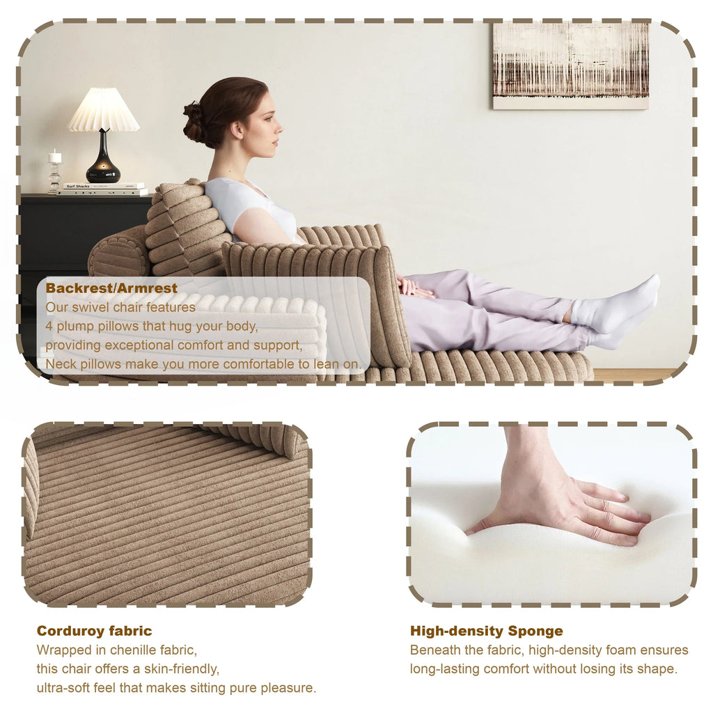 Fauteuil pivotant simple en velours côtelé et chenille avec rembourrage en mousse