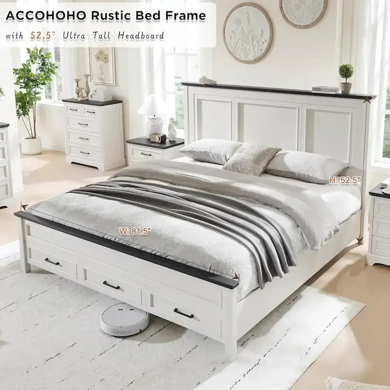 Cadre de lit en bois King Size de style ferme avec tête de lit, cadre de lit plateforme