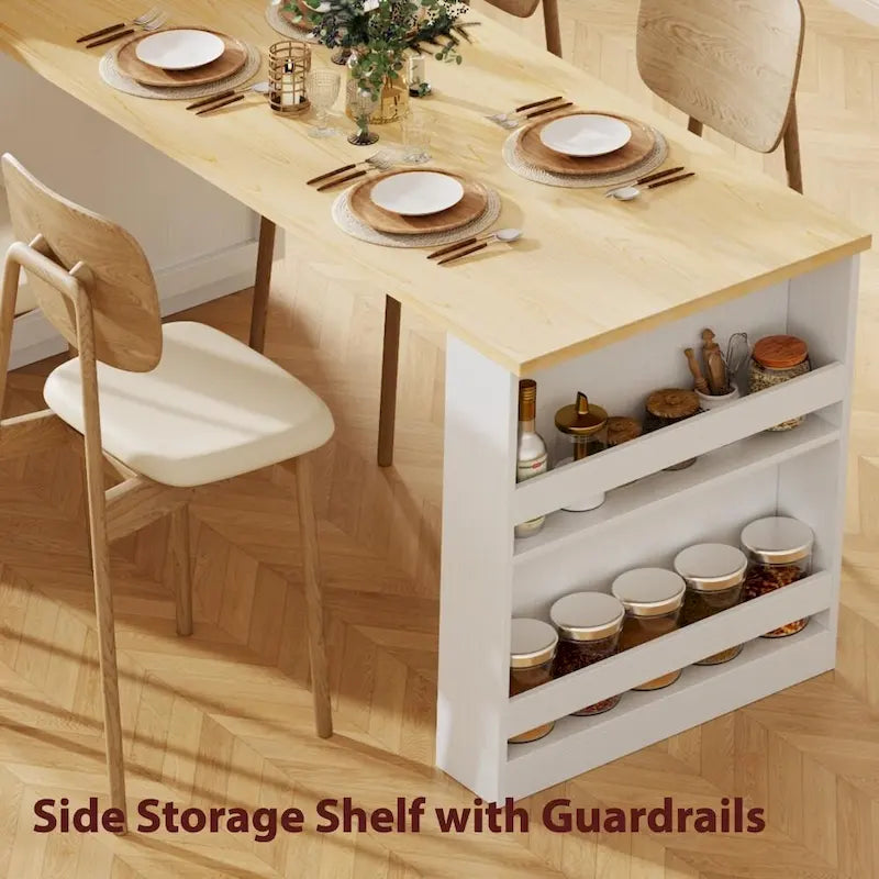 Îlot de cuisine en bois de 210 cm pour 4 à 6 personnes avec table à manger extensible et rangement double.