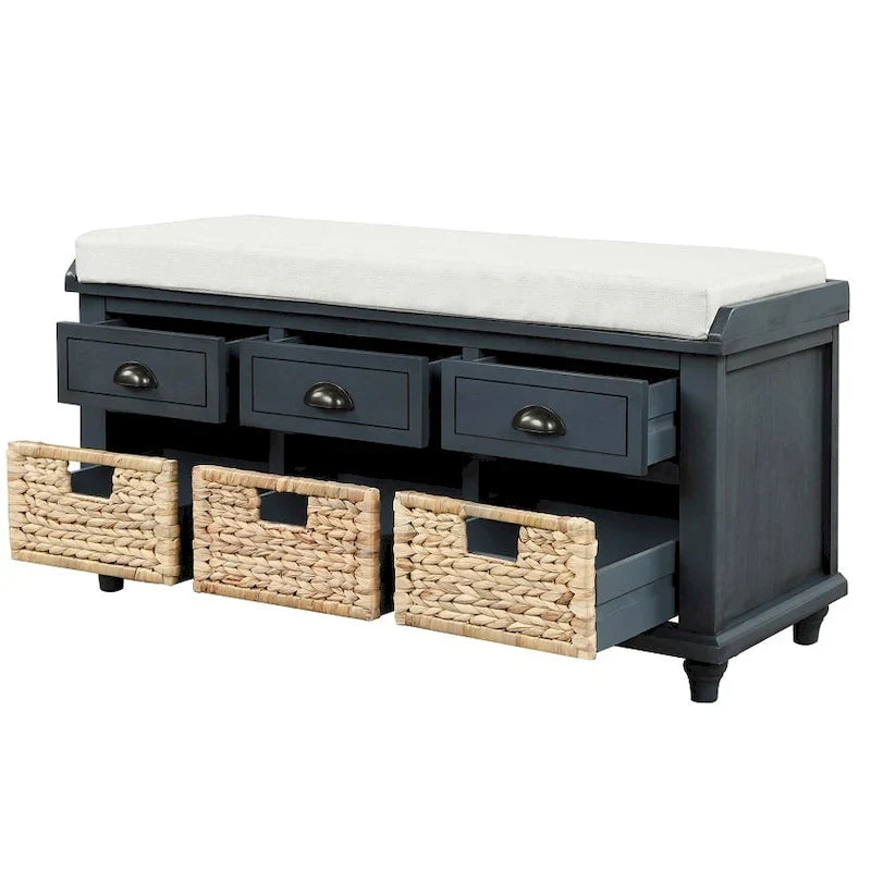 Banc de rangement rustique avec 3 tiroirs et 3 paniers en rotin, banc à chaussures pour salon, entrée