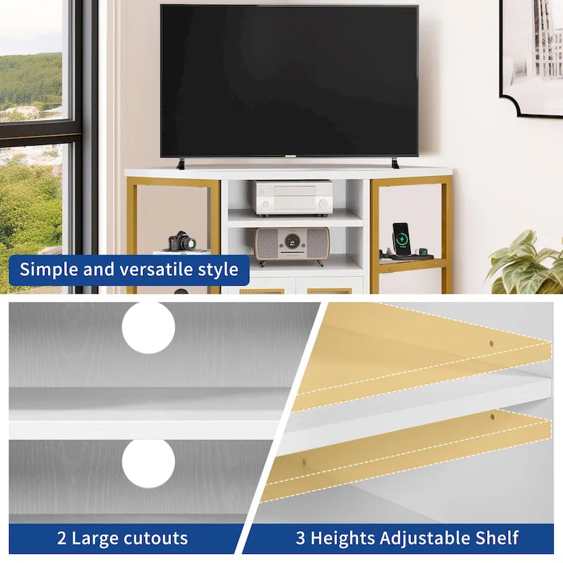 Meuble TV d'angle de ferme, meuble multimédia avec prise de courant pour téléviseurs jusqu'à 55 pouces