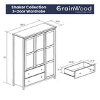 Grain Wood Furniture Armoire Shaker en bois à 3 portes - 60x72x22