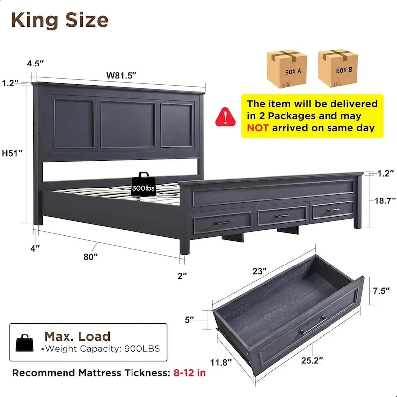 Cadre de lit en bois King Size de style ferme avec tête de lit, cadre de lit plateforme