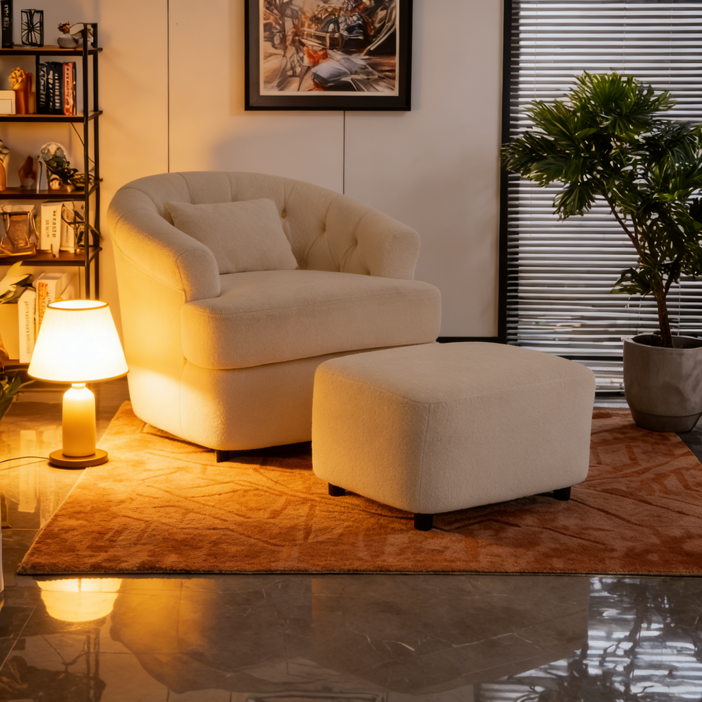Velvet Swivel Chair with Footrest, 360-Degree Swivel.