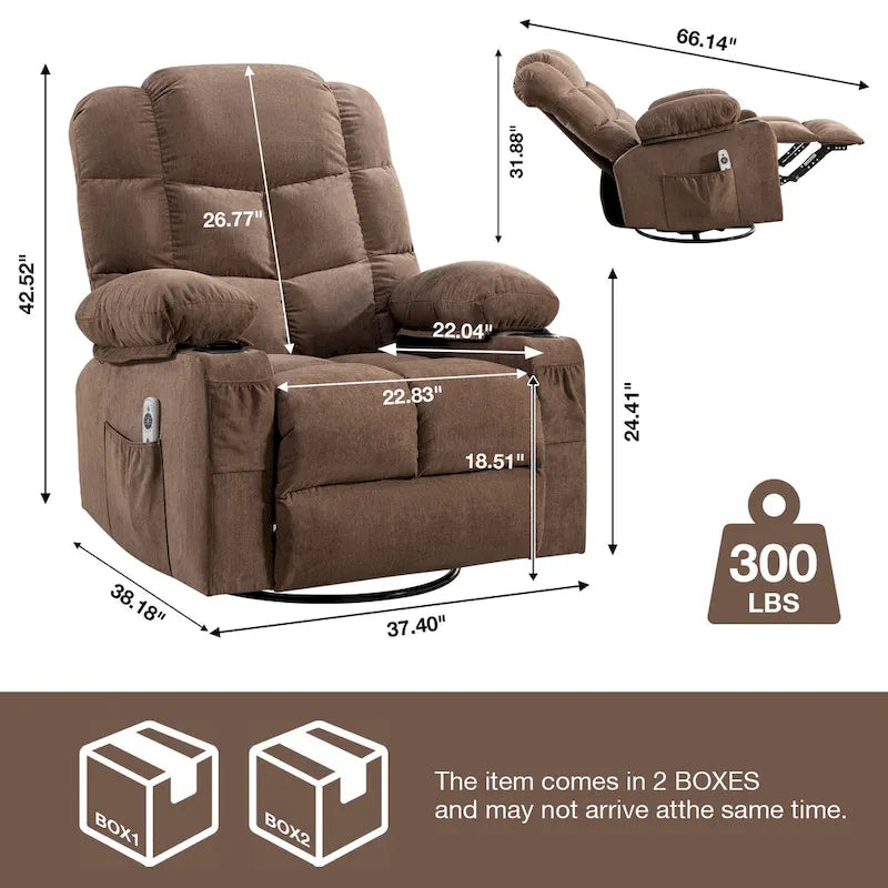 Fauteuil inclinable gris surdimensionné avec fonctions de chauffage et de massage, inclinaison à 150°, bascule à 30°, port USB pour la recharge et 2 porte-gobelets